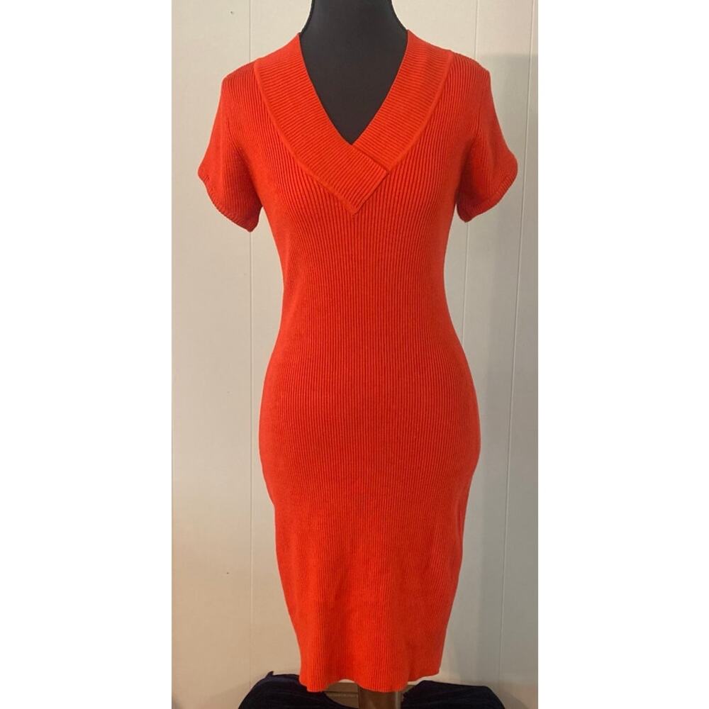 Y2K Burnt Orange Ribbed Knit V-Neck Bodycon Sweater Dress Large‎ Minimalist Sexy